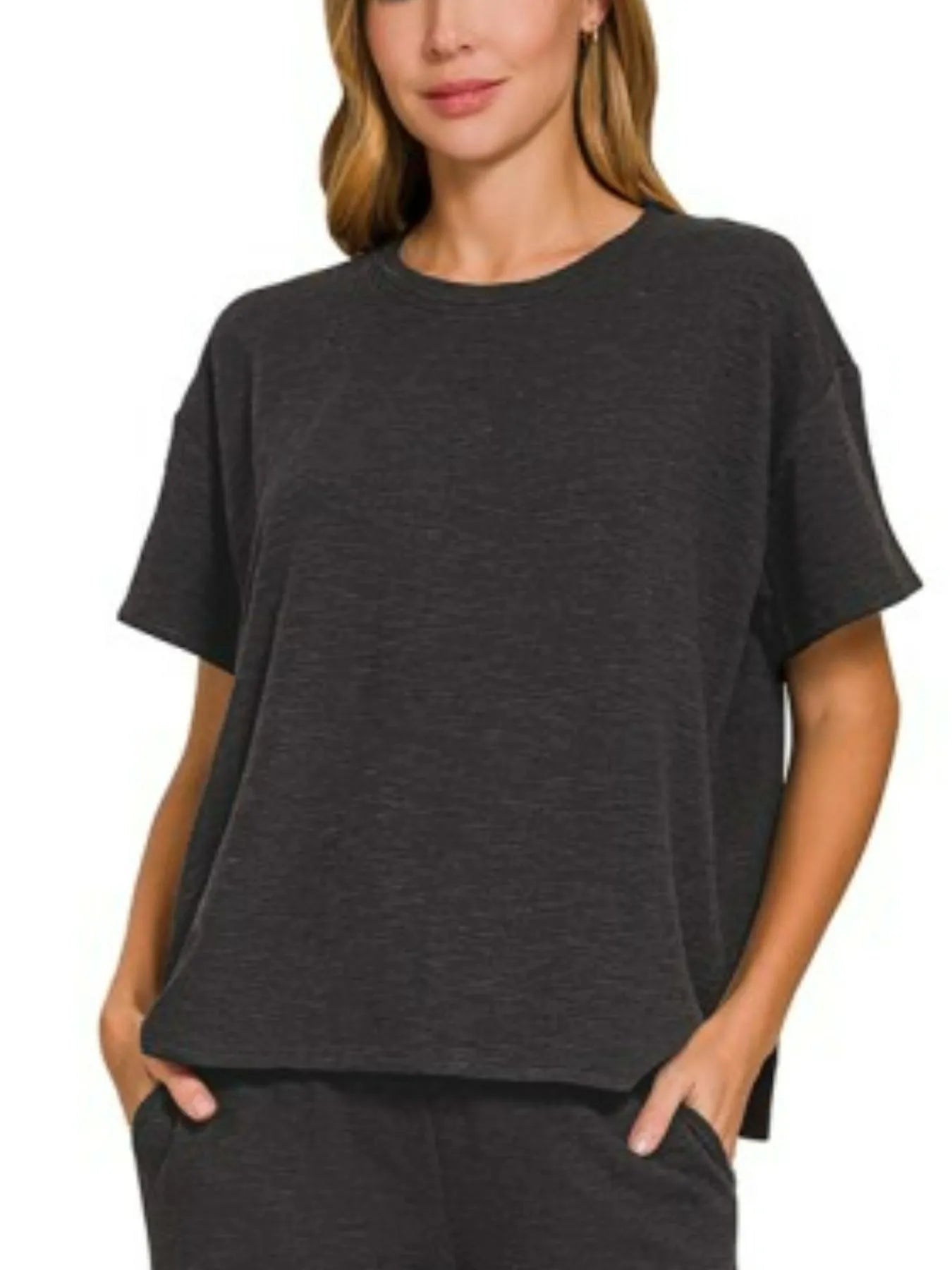 Black Slub Short Sleeve T-Shirt and Pants Lounge Set-Black slub lounge set with oversized short-sleeve top and wide-leg pants with pockets. Soft cotton-blend two-piece outfit for chic everyday comfort.-Reef Love