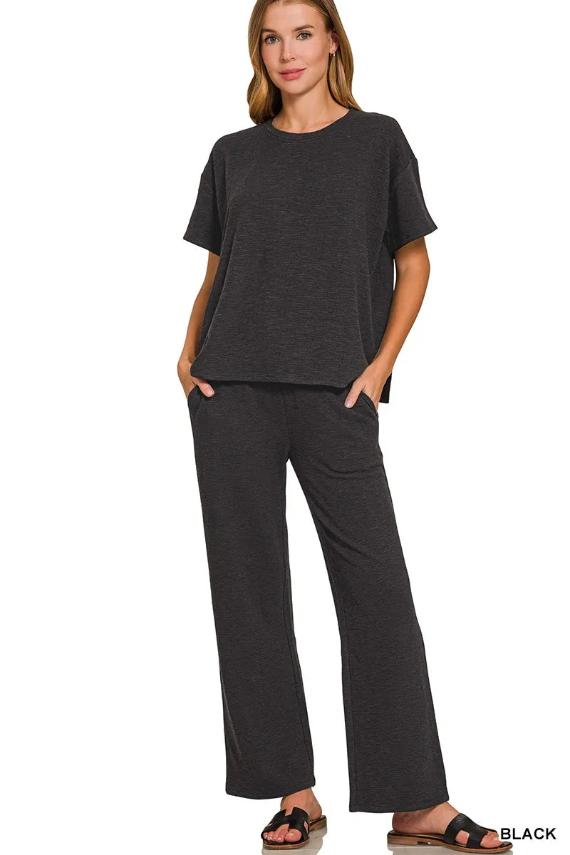 Black Slub Short Sleeve T-Shirt and Pants Lounge Set-Black slub lounge set with oversized short-sleeve top and wide-leg pants with pockets. Soft cotton-blend two-piece outfit for chic everyday comfort.-Reef Love