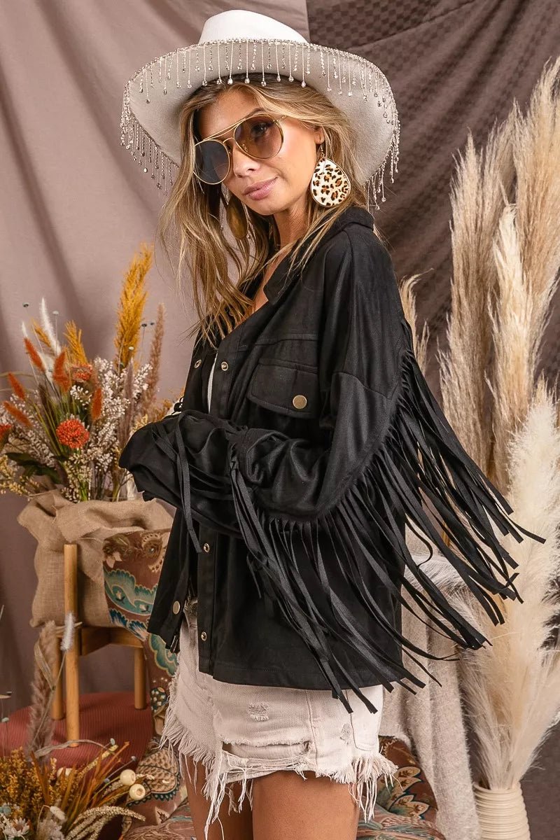 Black Suede Fringe Long Sleeve Jacket - Reef Love