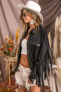 Black Suede Fringe Long Sleeve Jacket - Reef Love