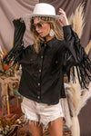 Black Suede Fringe Long Sleeve Jacket - Reef Love