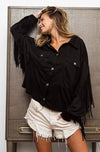 Black Suede Fringe Long Sleeve Jacket - Reef Love