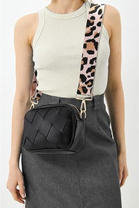 Woven light brown faux leather crossbody women’s bag with removable fabric strap with animal print
