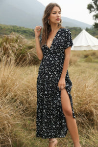 Bloom + Breeze Ruffle Maxi Dress-Bloom & Breeze Ruffle Maxi Dress, a romantic floral piece designed to make a statement. This flowy maxi dress features a flattering deep V-neckline and cascading ruffle details.-Reef Love Boho-Chic Boutique