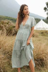 Bloom + Breeze Ruffle Maxi Dress-Bloom & Breeze Ruffle Maxi Dress, a romantic floral piece designed to make a statement. This flowy maxi dress features a flattering deep V-neckline and cascading ruffle details.-Reef Love Boho-Chic Boutique