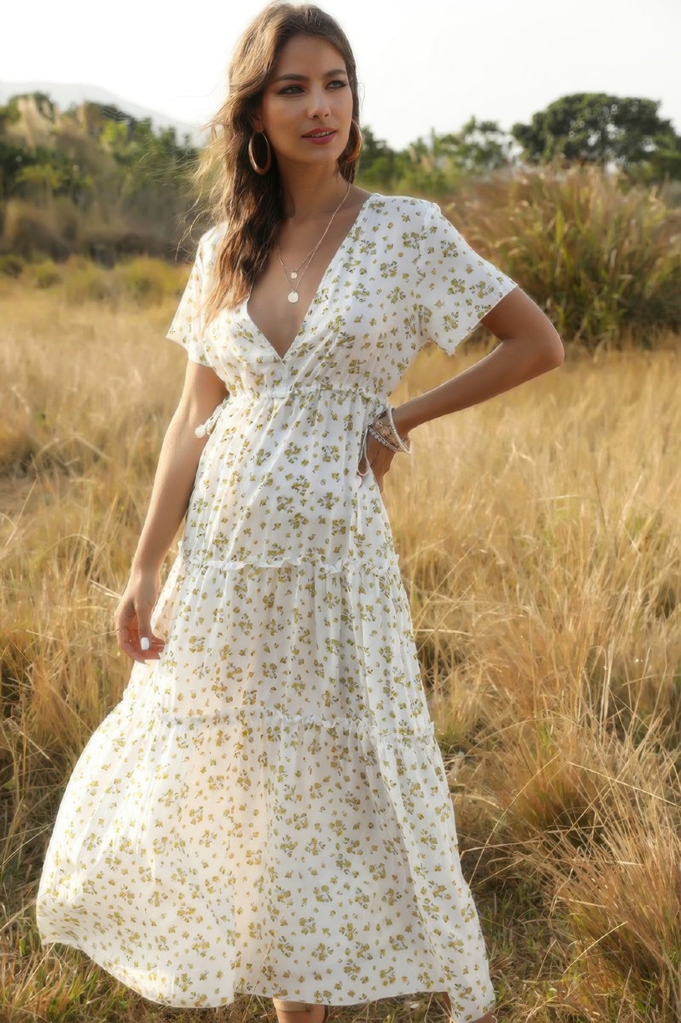 Bloom + Breeze Ruffle Maxi Dress-Bloom & Breeze Ruffle Maxi Dress, a romantic floral piece designed to make a statement. This flowy maxi dress features a flattering deep V-neckline and cascading ruffle details.-Reef Love Boho-Chic Boutique