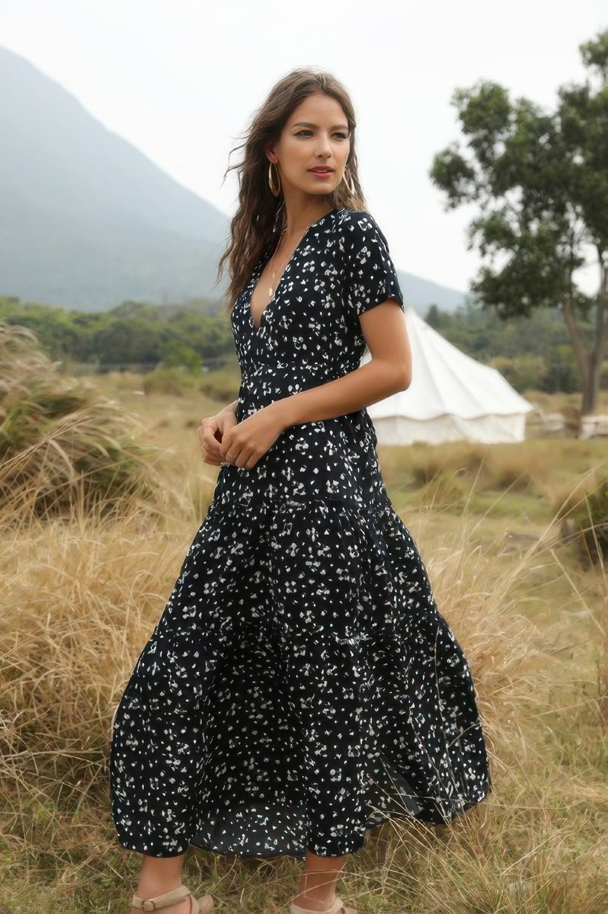 Bloom + Breeze Ruffle Maxi Dress-Bloom & Breeze Ruffle Maxi Dress, a romantic floral piece designed to make a statement. This flowy maxi dress features a flattering deep V-neckline and cascading ruffle details.-Reef Love Boho-Chic Boutique