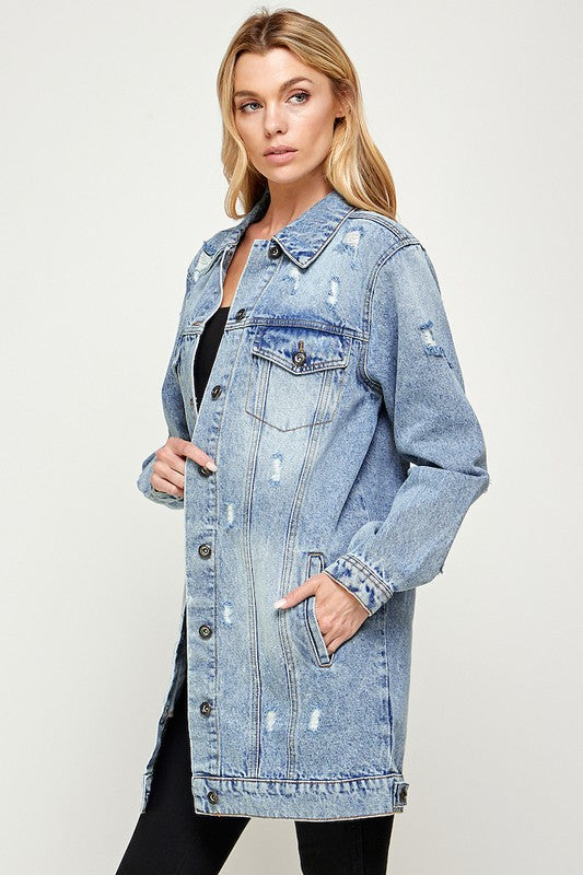 Blue Age Distressed Longline Denim Jacket-Reef Love