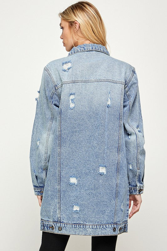 Blue Age Distressed Longline Denim Jacket-Reef Love