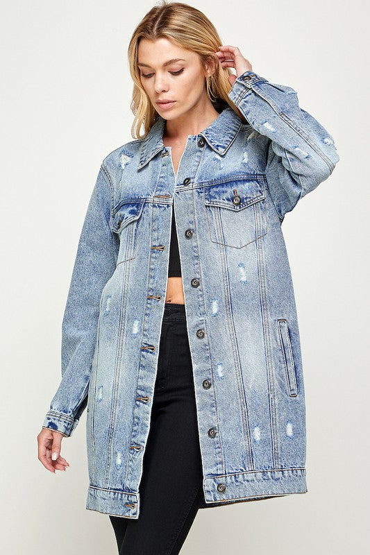 Blue Age Distressed Longline Denim Jacket-Reef Love