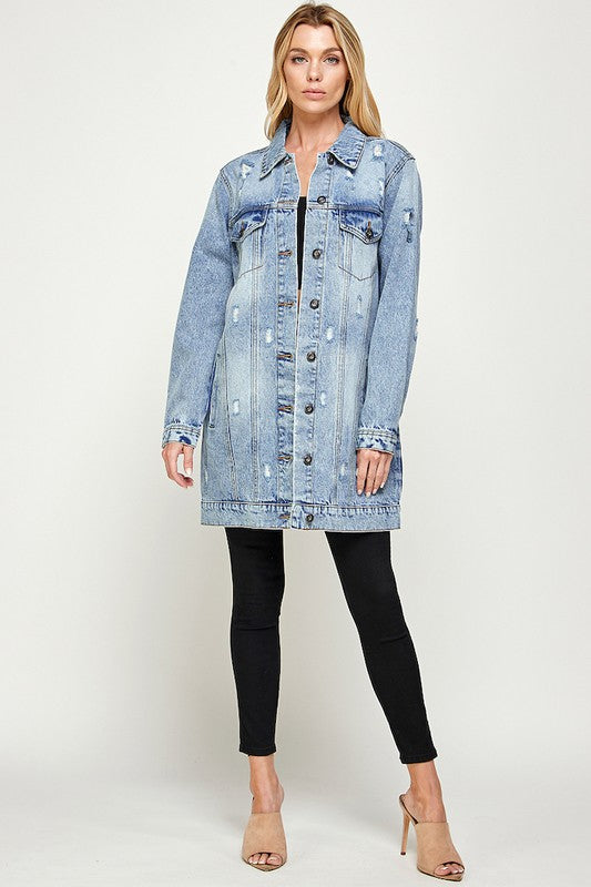 Blue Age Distressed Longline Denim Jacket-Reef Love
