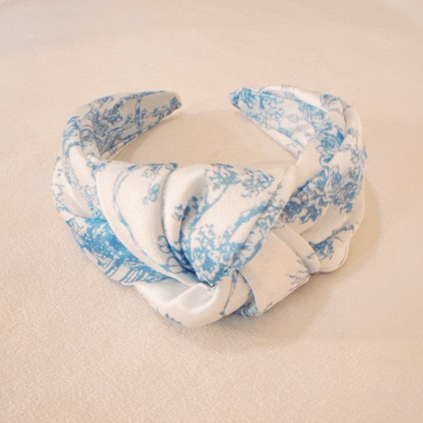 Blue And White Toile Knotted Headband-Blue And White Toile Knotted Headband Made from silky satin fabric, this headband features a classic blue and white toile print and a stylish knotted center detail.