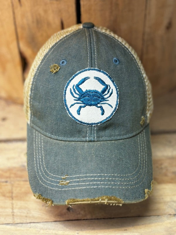 Blue Crab Distressed Snapback Baseball Cap-Blue Crab Distressed Snapback Baseball Cap. Distressed Headmost Brand Cap, Tan Mesh, Snapback Closure, Embroidered Patch style, Superior quality cap.