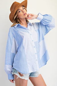 Blue Stripe Mix Button Down Shirt-Blue Stripe Mix Button Down Shirt - Oversized & Comfy. A modern take on a classic staple. Crafted from lightweight 100% cotton for breathable comfort.