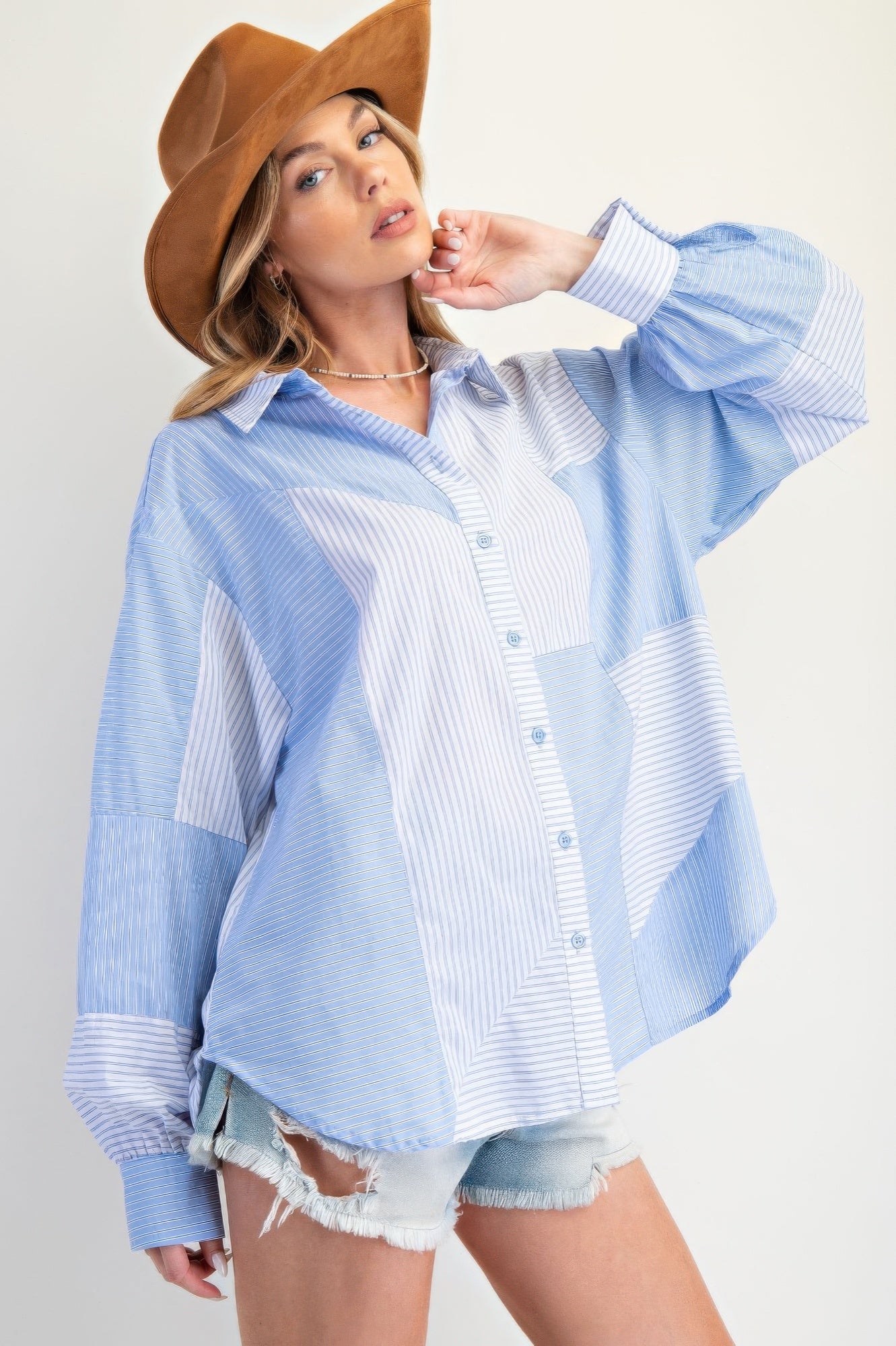 Blue Stripe Mix Button Down Shirt-Blue Stripe Mix Button Down Shirt - Oversized & Comfy. A modern take on a classic staple. Crafted from lightweight 100% cotton for breathable comfort.
