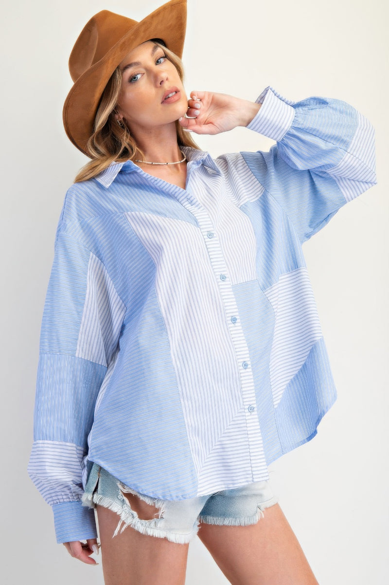 Blue Stripe Mix Button Down Shirt-Blue Stripe Mix Button Down Shirt - Oversized & Comfy. A modern take on a classic staple. Crafted from lightweight 100% cotton for breathable comfort.