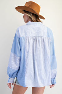 Blue Stripe Mix Button Down Shirt-Blue Stripe Mix Button Down Shirt - Oversized & Comfy. A modern take on a classic staple. Crafted from lightweight 100% cotton for breathable comfort.