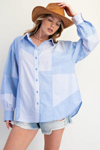 Blue Stripe Mix Button Down Shirt-Blue Stripe Mix Button Down Shirt - Oversized & Comfy. A modern take on a classic staple. Crafted from lightweight 100% cotton for breathable comfort.