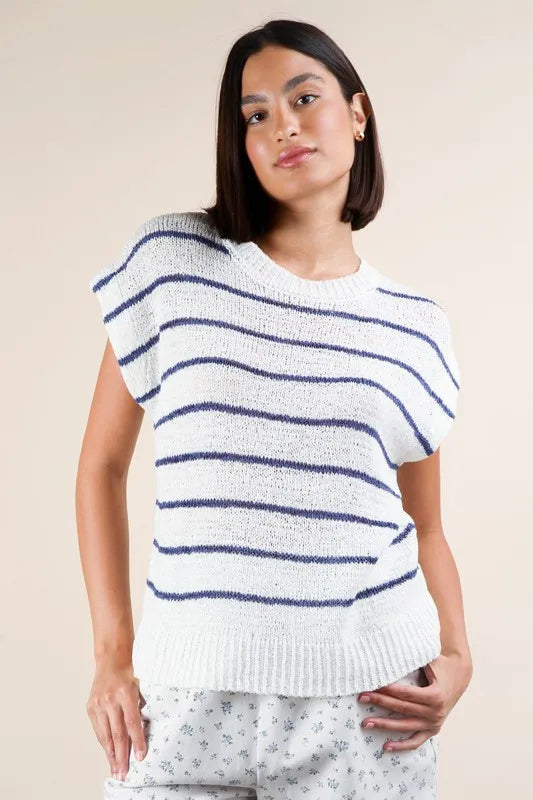 Blue Striped Knit Sweater Vest Top