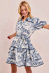 Timeless and Classic Look, the Blue Toile Woven Printed Tiered Mini Dress-Effortlessly elegant and endlessly versatile