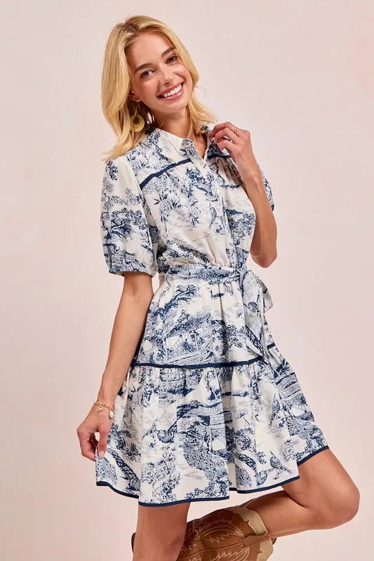 Timeless and Classic Look, the Blue Toile Woven Printed Tiered Mini Dress-Effortlessly elegant and endlessly versatile