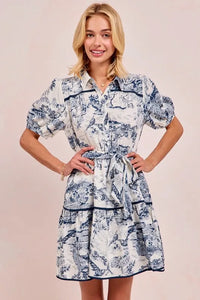 Timeless and Classic Look, the Blue Toile Woven Printed Tiered Mini Dress-Effortlessly elegant and endlessly versatile