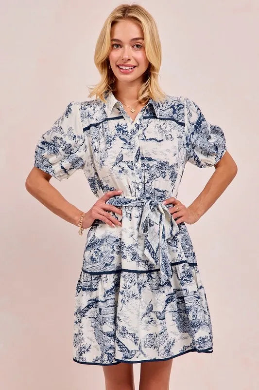 Timeless and Classic Look, the Blue Toile Woven Printed Tiered Mini Dress-Effortlessly elegant and endlessly versatile