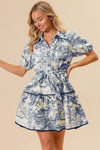 Timeless and Classic Look, the Blue Toile Woven Printed Tiered Mini Dress-Effortlessly elegant and endlessly versatile