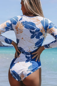 Blue Tropical Long Sleeve One Piece Surfing Swimsuit- Boho Chic Styles by Reef Love
