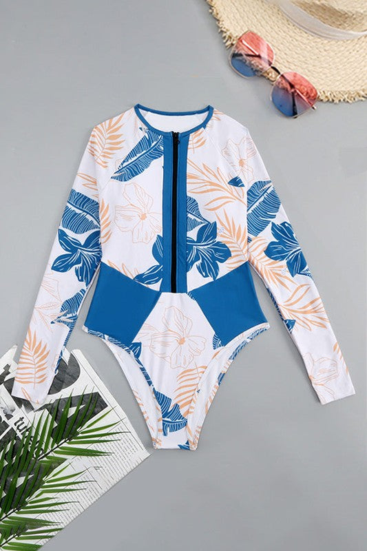 Blue Tropical Long Sleeve One Piece Surfing Swimsuit- Boho Chic Styles by Reef Love