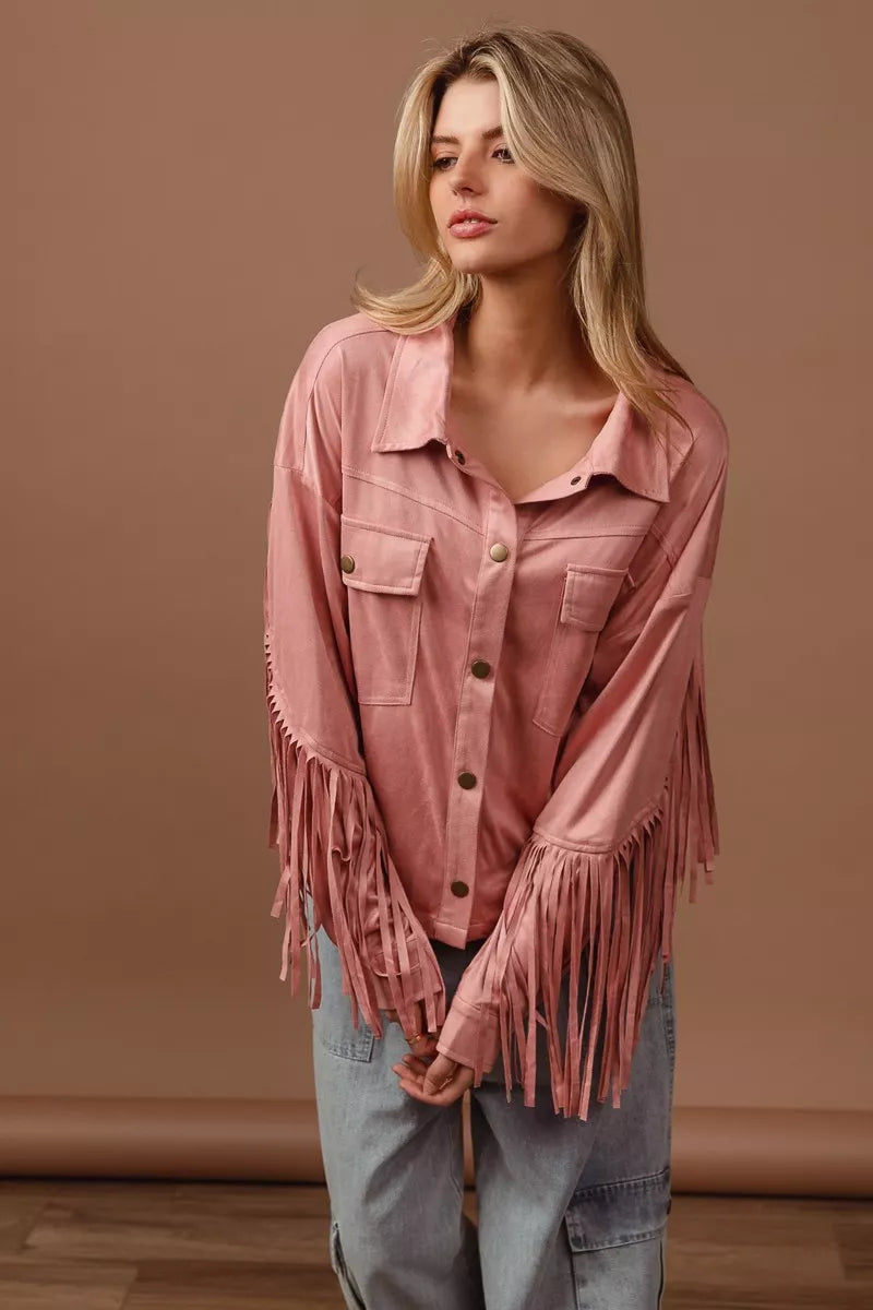 Blush Suede Fringe Long Sleeve Jacket-Blush Suede Fringe Long Sleeve Jacket, stylish and bohemian-inspired outerwear piece. The suede material adds a touch of luxury and texture to the jacket. 