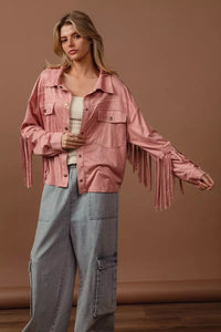 Blush Suede Fringe Long Sleeve Jacket-Blush Suede Fringe Long Sleeve Jacket, stylish and bohemian-inspired outerwear piece. The suede material adds a touch of luxury and texture to the jacket. 