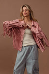 Blush Suede Fringe Long Sleeve Jacket-Blush Suede Fringe Long Sleeve Jacket, stylish and bohemian-inspired outerwear piece. The suede material adds a touch of luxury and texture to the jacket. 