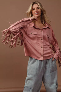 Blush Suede Fringe Long Sleeve Jacket-Blush Suede Fringe Long Sleeve Jacket, stylish and bohemian-inspired outerwear piece. The suede material adds a touch of luxury and texture to the jacket. 