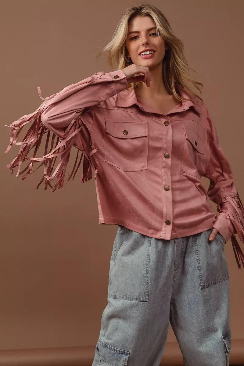 Blush Suede Fringe Long Sleeve Jacket-Blush Suede Fringe Long Sleeve Jacket, stylish and bohemian-inspired outerwear piece. The suede material adds a touch of luxury and texture to the jacket. 