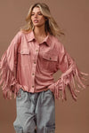 Blush Suede Fringe Long Sleeve Jacket-Blush Suede Fringe Long Sleeve Jacket, stylish and bohemian-inspired outerwear piece. The suede material adds a touch of luxury and texture to the jacket. 