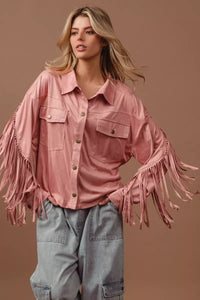 Blush Suede Fringe Long Sleeve Jacket-Blush Suede Fringe Long Sleeve Jacket, stylish and bohemian-inspired outerwear piece. The suede material adds a touch of luxury and texture to the jacket. 