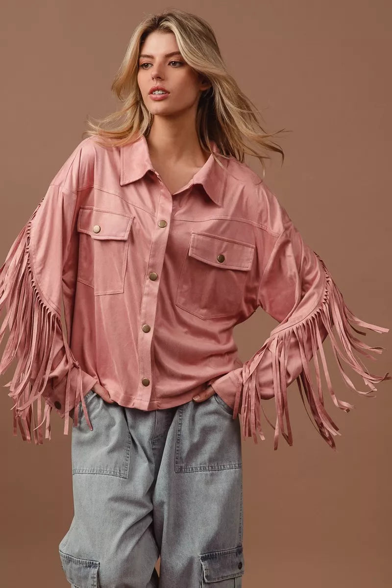 Blush Suede Fringe Long Sleeve Jacket-Blush Suede Fringe Long Sleeve Jacket, stylish and bohemian-inspired outerwear piece. The suede material adds a touch of luxury and texture to the jacket. 
