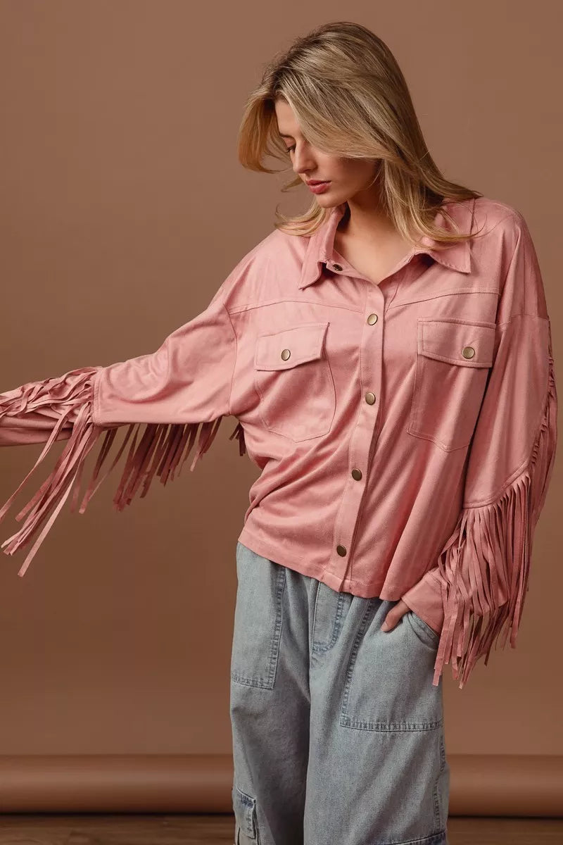 Blush Suede Fringe Long Sleeve Jacket-Blush Suede Fringe Long Sleeve Jacket, stylish and bohemian-inspired outerwear piece. The suede material adds a touch of luxury and texture to the jacket. 