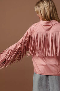 Blush Suede Fringe Long Sleeve Jacket-Blush Suede Fringe Long Sleeve Jacket, stylish and bohemian-inspired outerwear piece. The suede material adds a touch of luxury and texture to the jacket. 