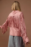 Blush Suede Fringe Long Sleeve Jacket-Blush Suede Fringe Long Sleeve Jacket, stylish and bohemian-inspired outerwear piece. The suede material adds a touch of luxury and texture to the jacket. 