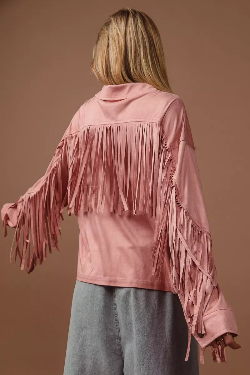 Blush Suede Fringe Long Sleeve Jacket-Blush Suede Fringe Long Sleeve Jacket, stylish and bohemian-inspired outerwear piece. The suede material adds a touch of luxury and texture to the jacket. 