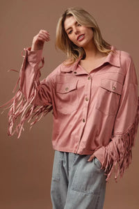 Blush Suede Fringe Long Sleeve Jacket-Blush Suede Fringe Long Sleeve Jacket, stylish and bohemian-inspired outerwear piece. The suede material adds a touch of luxury and texture to the jacket. 
