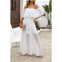 Boho Breeze Off-Shoulder Maxi Dress-Flowy off-shoulder maxi dress with ruffle trim and tassels. Lightweight, boho chic style perfect for summer, vacation, brunch, or beach days.-Reef Love Boho-Chic Boutique
