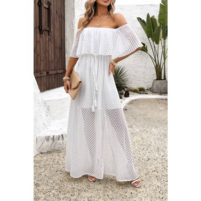 Boho Breeze Off-Shoulder Maxi Dress-Flowy off-shoulder maxi dress with ruffle trim and tassels. Lightweight, boho chic style perfect for summer, vacation, brunch, or beach days.-Reef Love Boho-Chic Boutique