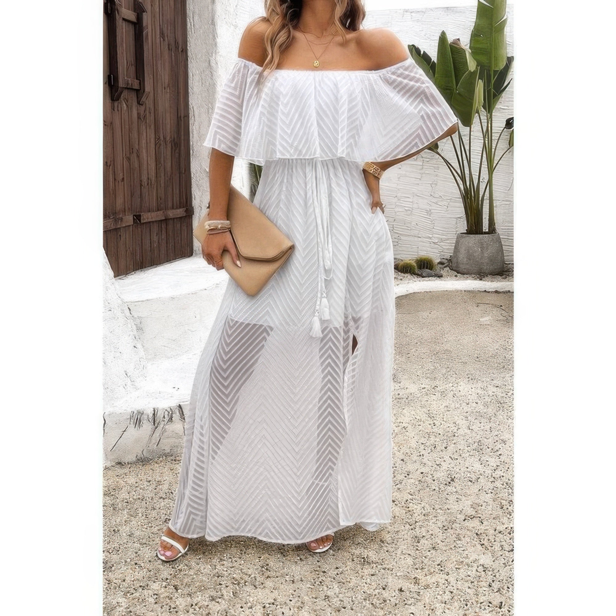 Boho Breeze Off-Shoulder Maxi Dress-Flowy off-shoulder maxi dress with ruffle trim and tassels. Lightweight, boho chic style perfect for summer, vacation, brunch, or beach days.-Reef Love Boho-Chic Boutique