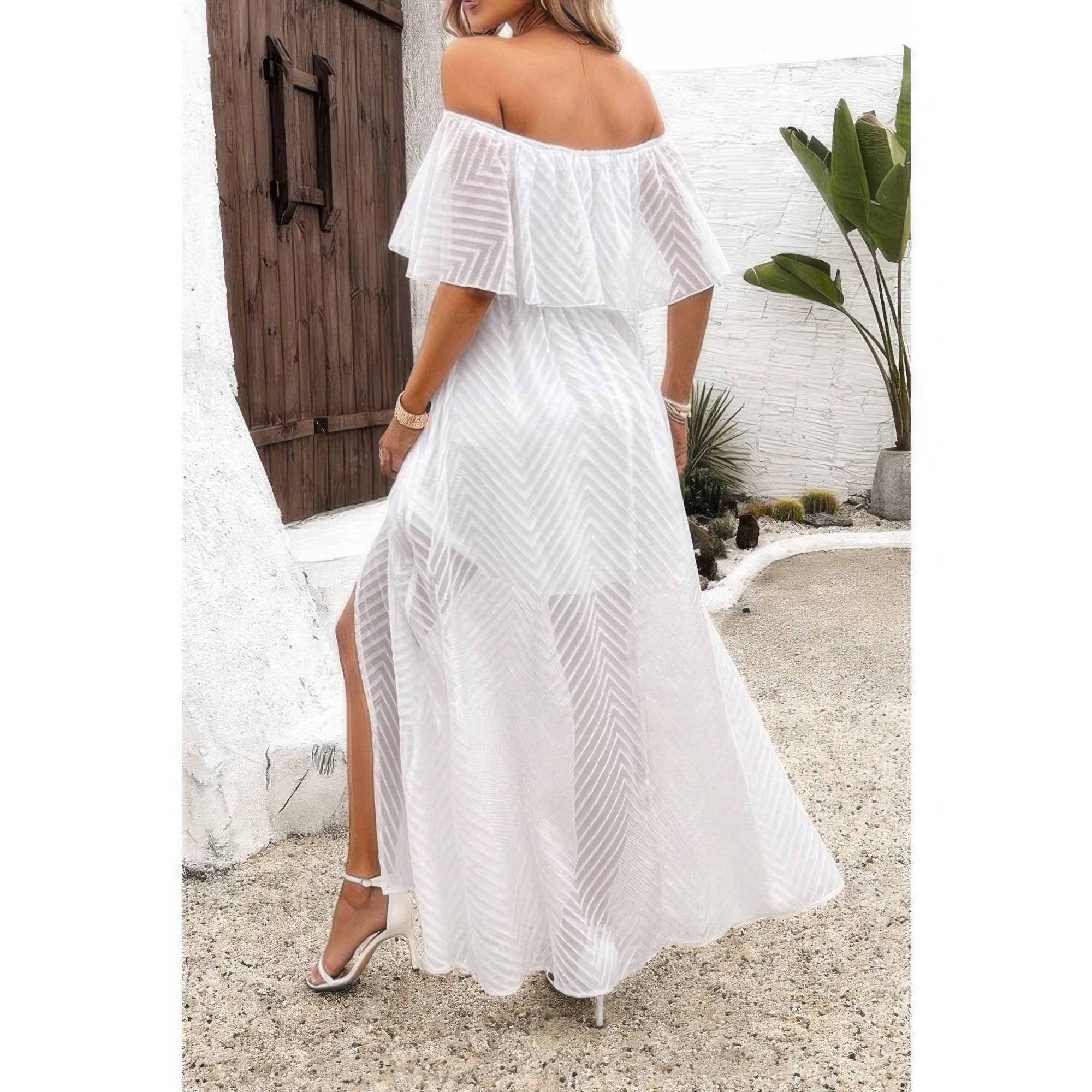 Boho Breeze Off-Shoulder Maxi Dress-Flowy off-shoulder maxi dress with ruffle trim and tassels. Lightweight, boho chic style perfect for summer, vacation, brunch, or beach days.-Reef Love Boho-Chic Boutique