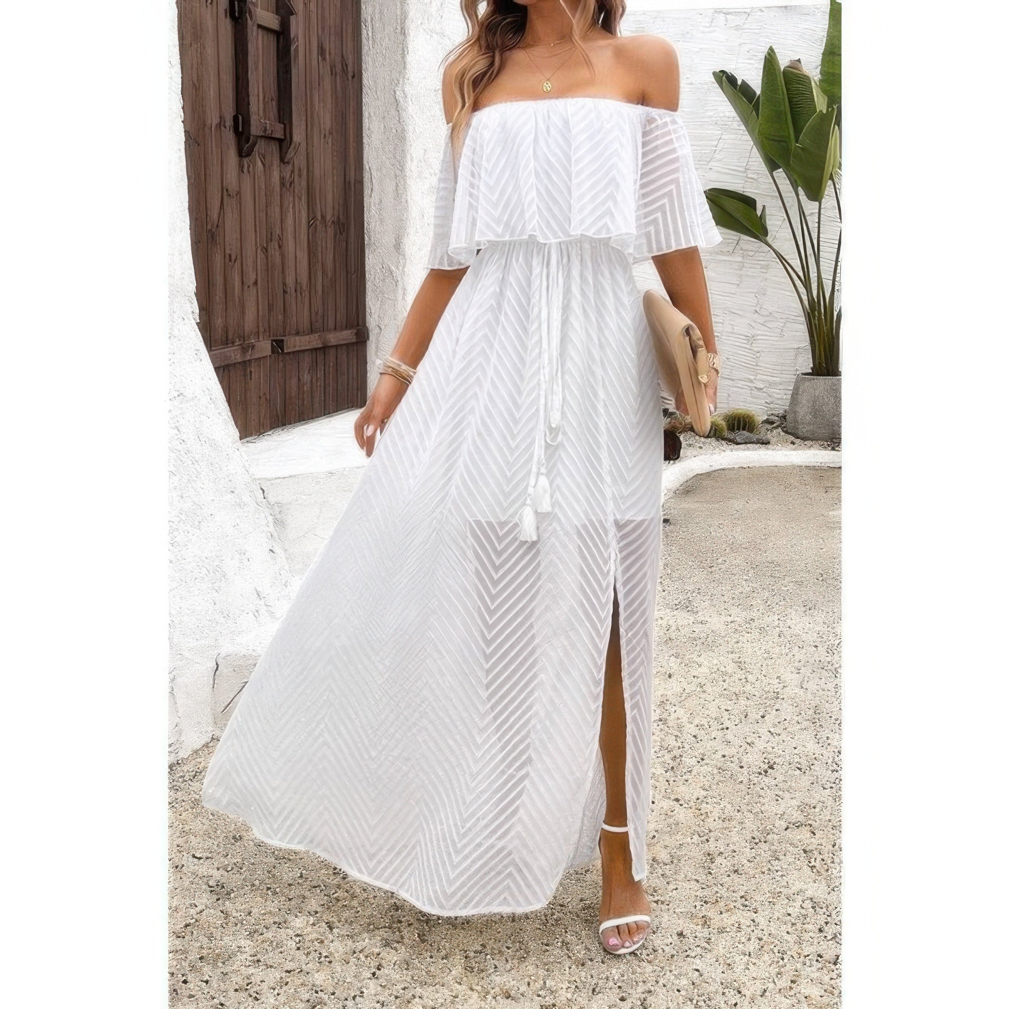 Boho Breeze Off-Shoulder Maxi Dress-Flowy off-shoulder maxi dress with ruffle trim and tassels. Lightweight, boho chic style perfect for summer, vacation, brunch, or beach days.-Reef Love Boho-Chic Boutique