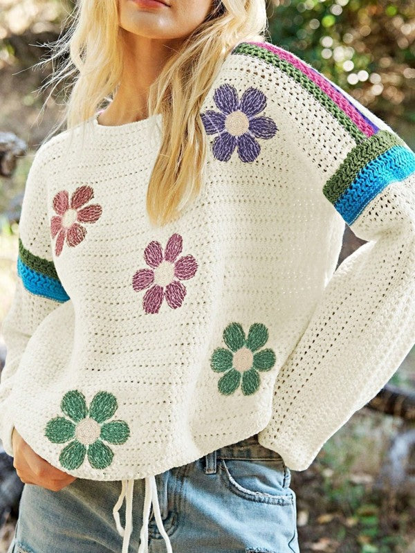 Boho Floral Eyelet Crochet Sweater-Reef Love