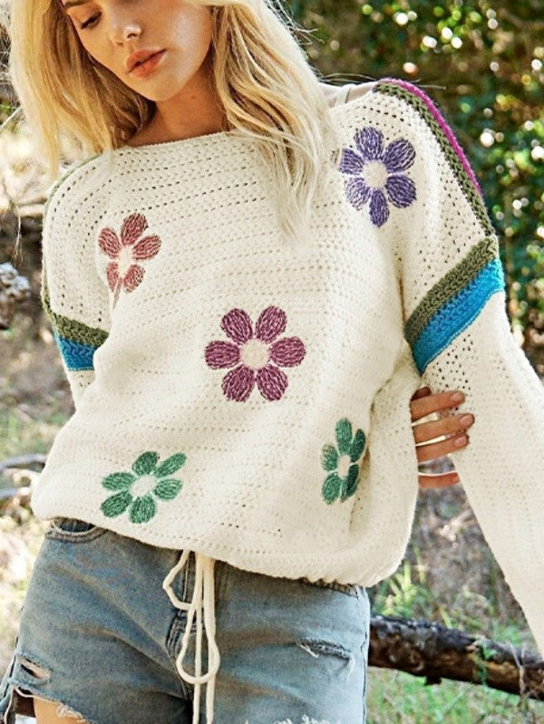 Boho Floral Eyelet Crochet Sweater-Reef Love